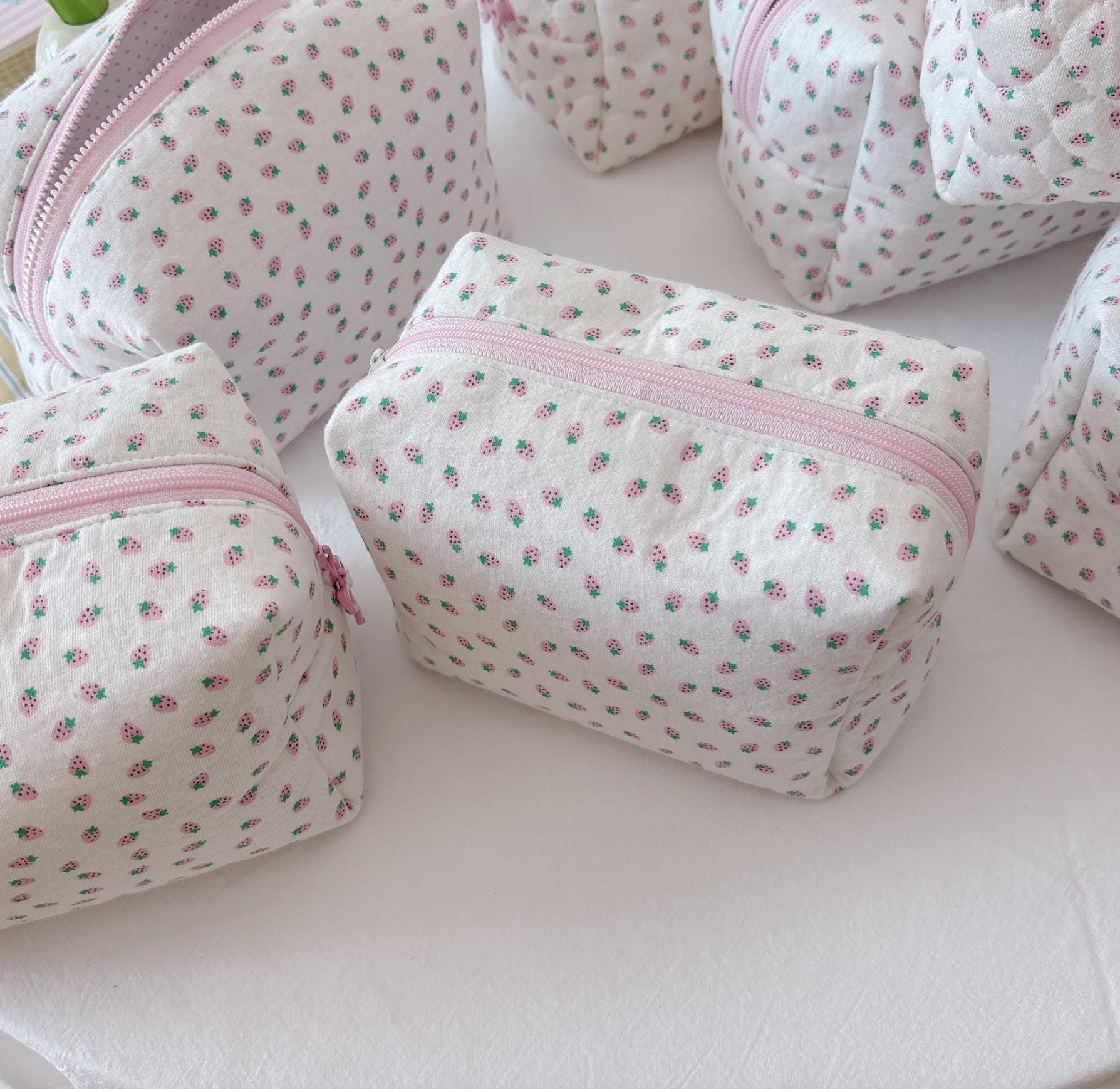 Handmade Korean Style Strawberry Knit Cotton Pouch | Aesthetic Makeup Bag | Cute Travel Organizer