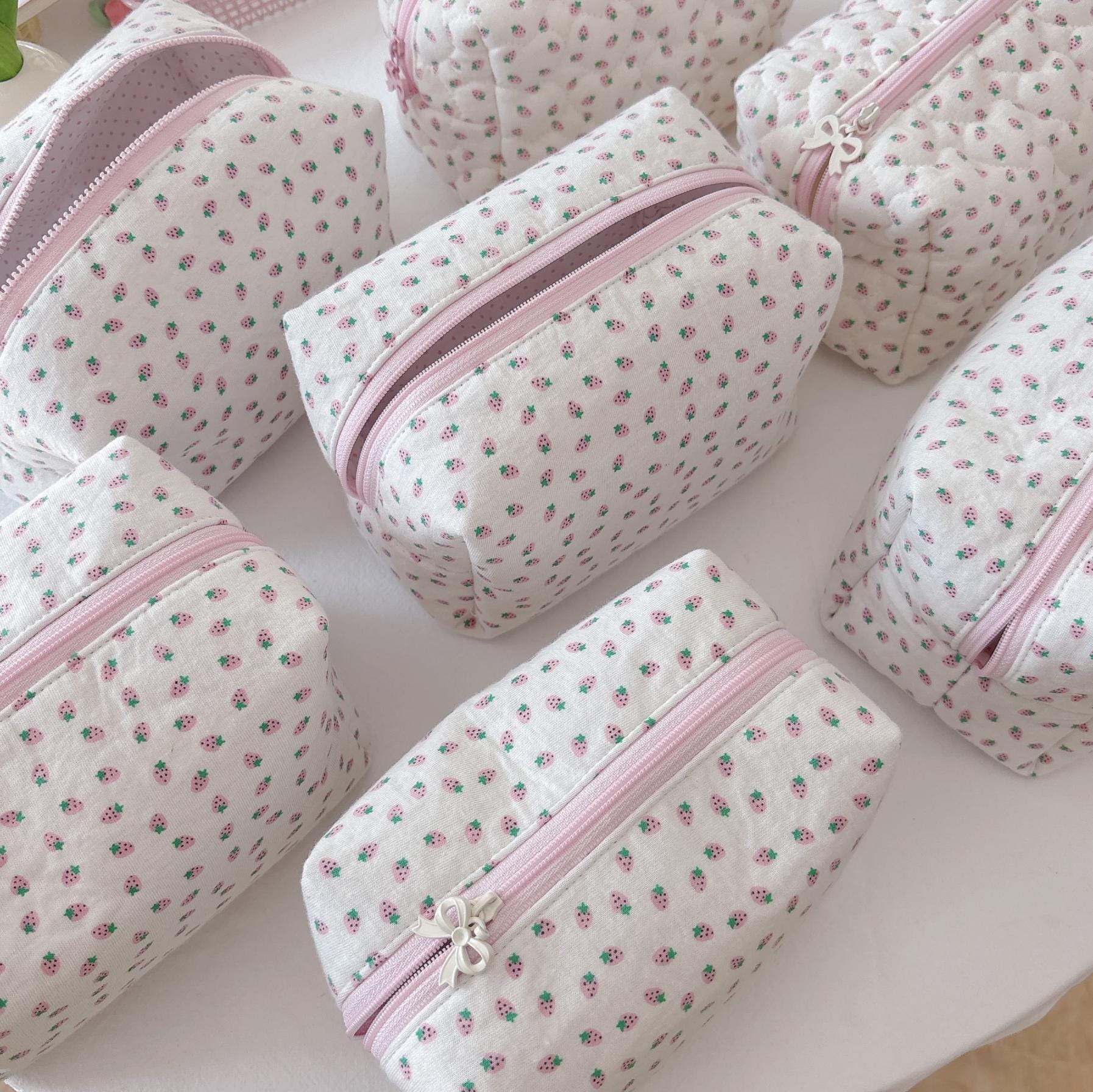 Handmade Korean Style Strawberry Knit Cotton Pouch | Aesthetic Makeup Bag | Cute Travel Organizer