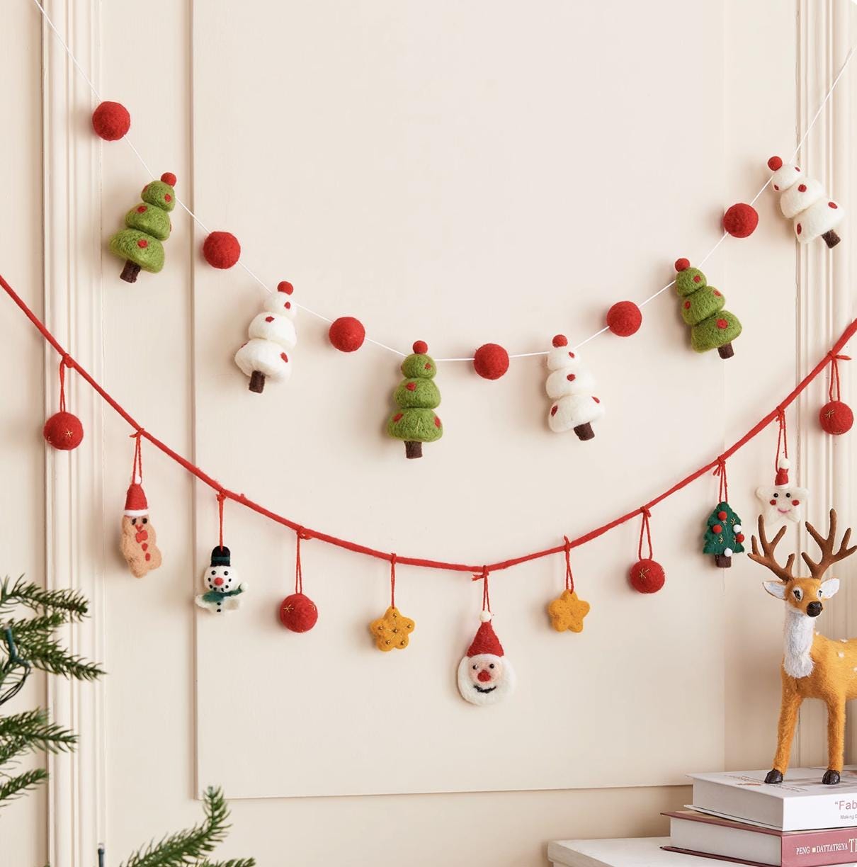 Christmas Garland Felt Ball Santa & Pine Tree Hanging