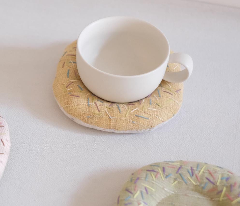 Handmade Embroidered Donut Coaster | Fabric Coaster Round Mug Mat | Cute Stitch Coaster | Sweet Home Decor | Gift for Coffee Lovers