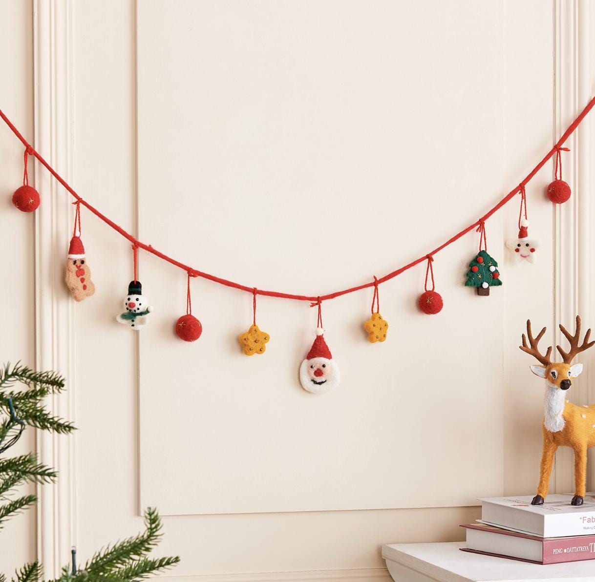 Christmas Garland Felt Ball Santa & Pine Tree Hanging