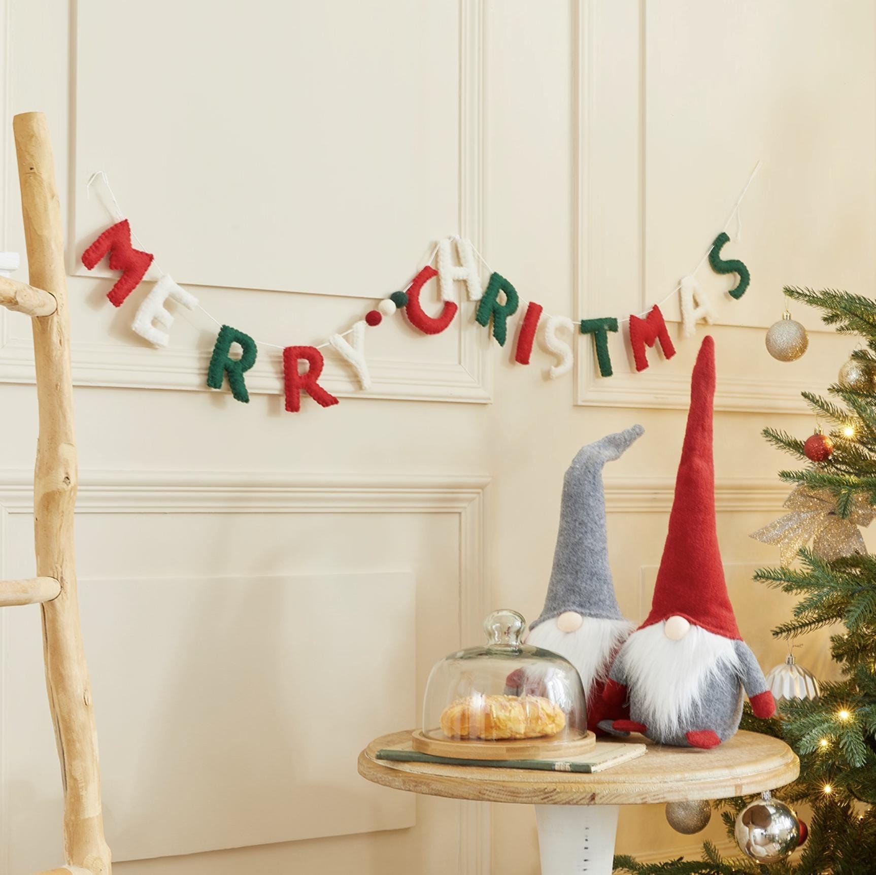 Christmas Garland Felt Ball Santa & Pine Tree Hanging