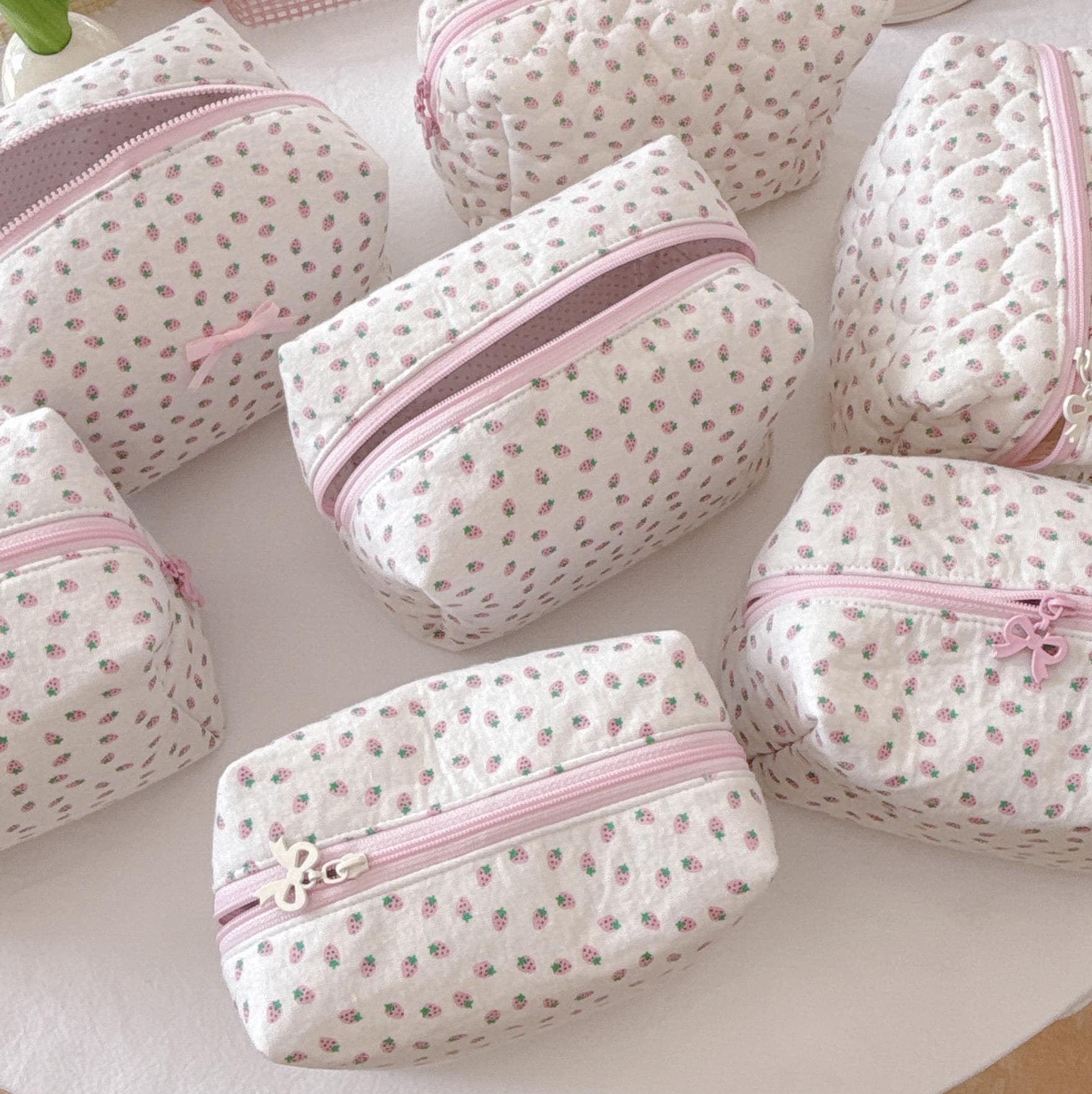 Handmade Korean Style Strawberry Knit Cotton Pouch | Aesthetic Makeup Bag | Cute Travel Organizer