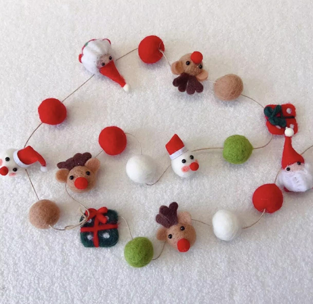 Christmas Garland Felt Ball Santa & Pine Tree Hanging