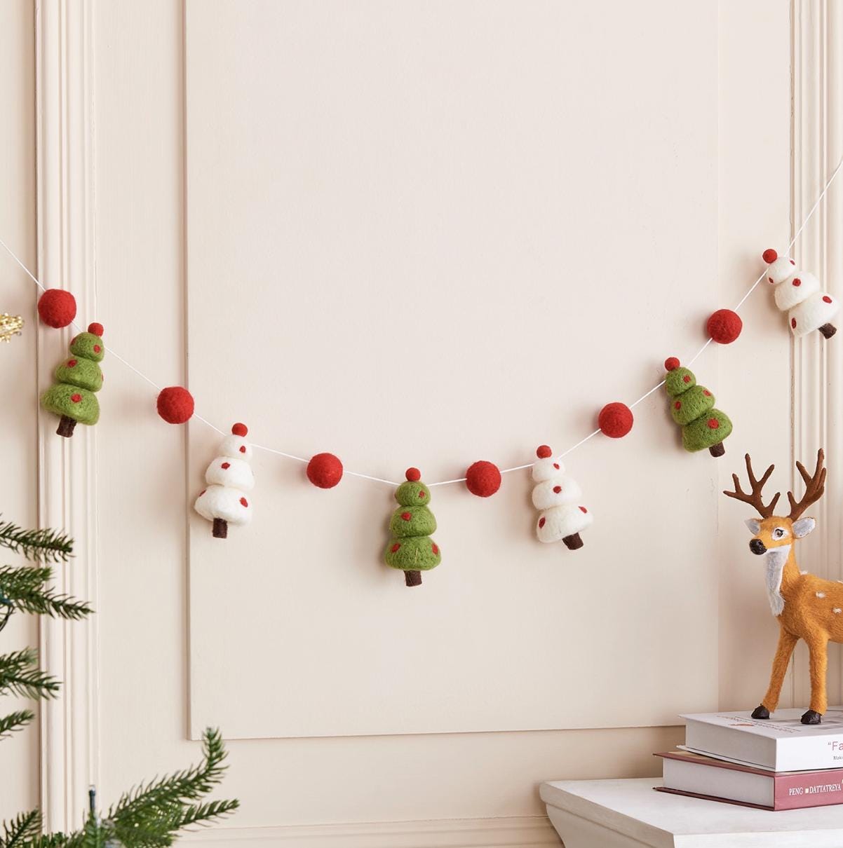 Christmas Garland Felt Ball Santa & Pine Tree Hanging