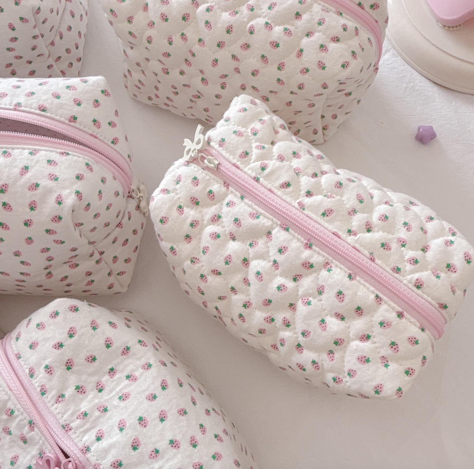 Handmade Korean Style Strawberry Knit Cotton Pouch | Aesthetic Makeup Bag | Cute Travel Organizer