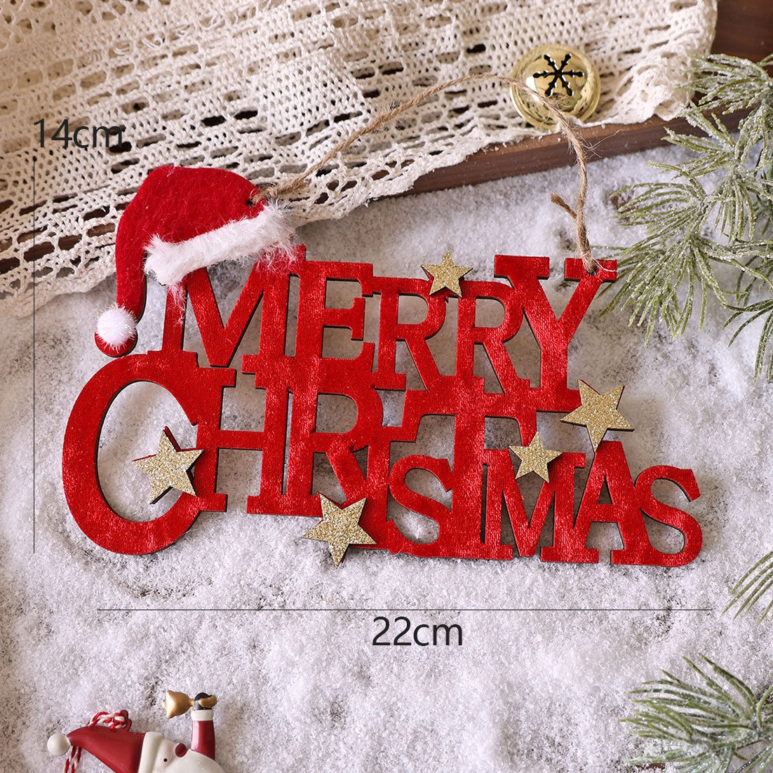 Wooden Christmas Letter Ornaments with Flocked Stars & Santa Hats, Holiday Tree Hanging Decor, Xmas Alphabet Signs