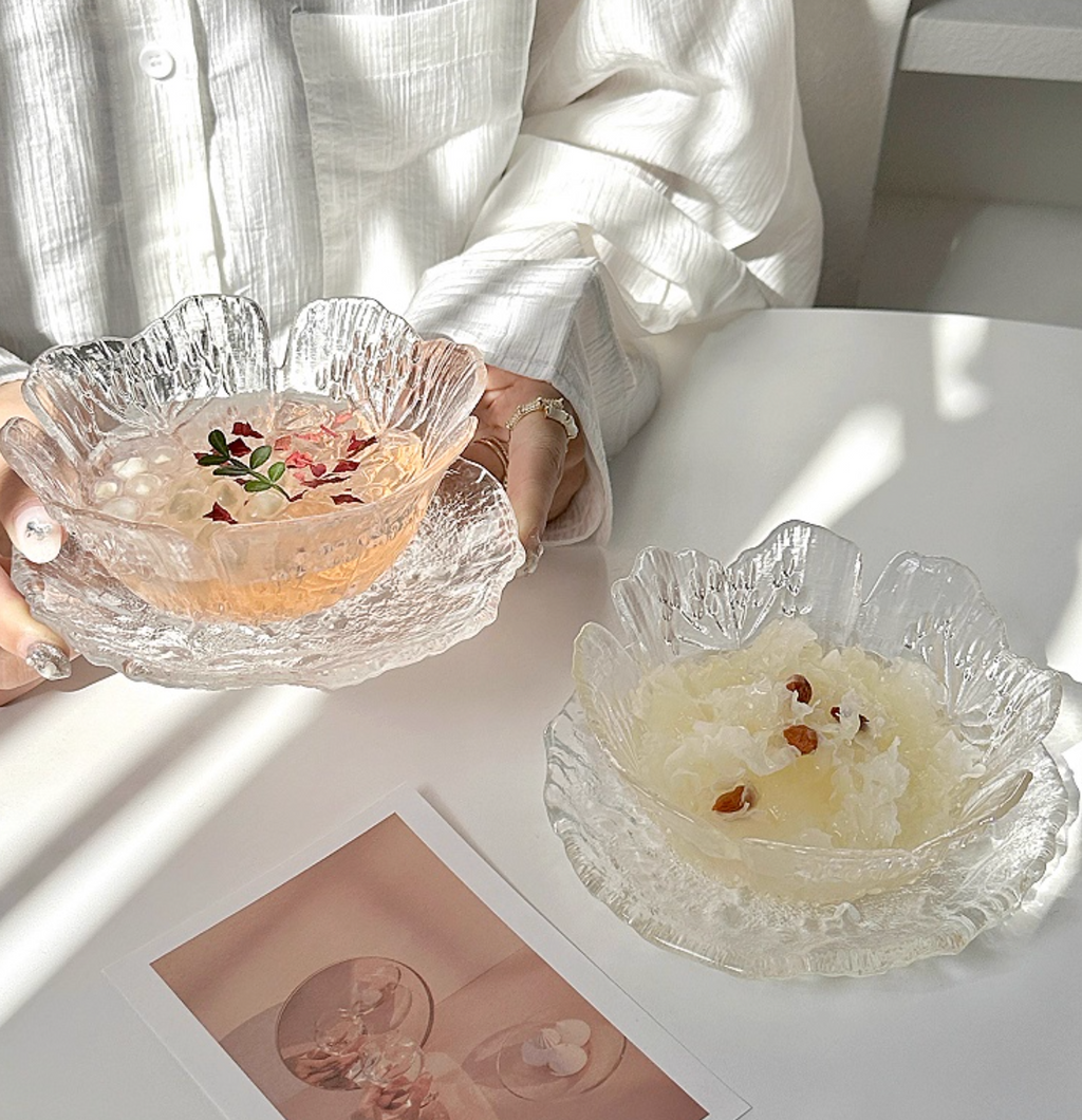 Glass Dessert Bowl Set | Fruit Bowl & Plates | Yogurt Bowl 220ml | Tableware Gift