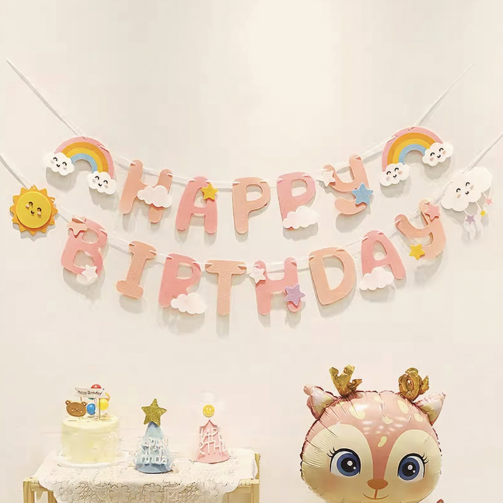 Happy Birthday Banner| Reusable Party Banner | Birthday Decoration｜Cloud & Flower Themed Party Decor