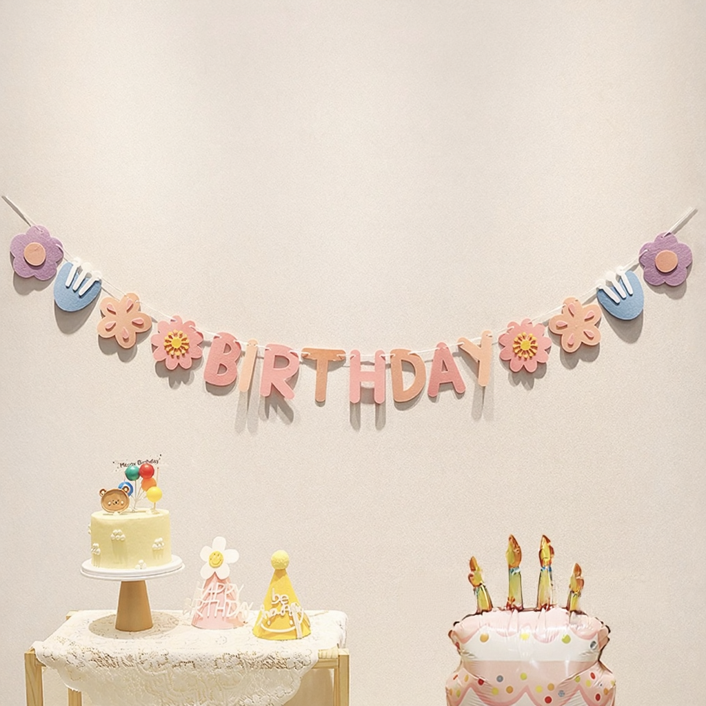 Happy Birthday Banner| Reusable Party Banner | Birthday Decoration｜Cloud & Flower Themed Party Decor