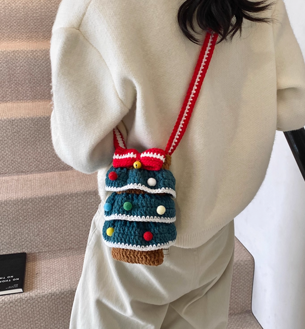 Handmade Crochet Christmas Tree Crossbody Bag | Cute Knitted Winter Purse for Women & Kids