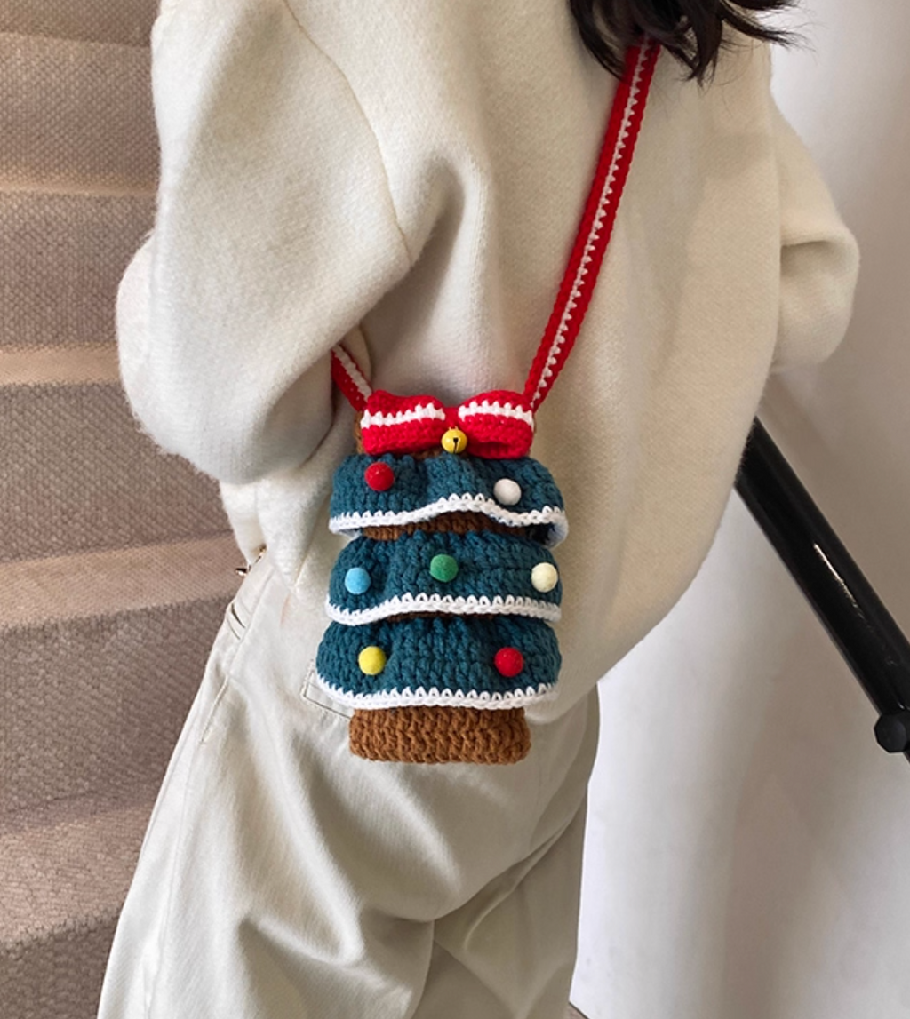 Handmade Crochet Christmas Tree Crossbody Bag | Cute Knitted Winter Purse for Women & Kids