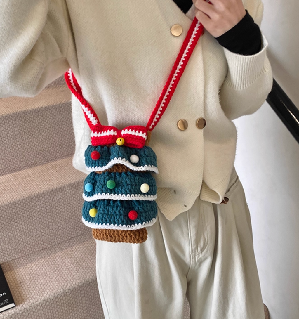 Handmade Crochet Christmas Tree Crossbody Bag | Cute Knitted Winter Purse for Women & Kids