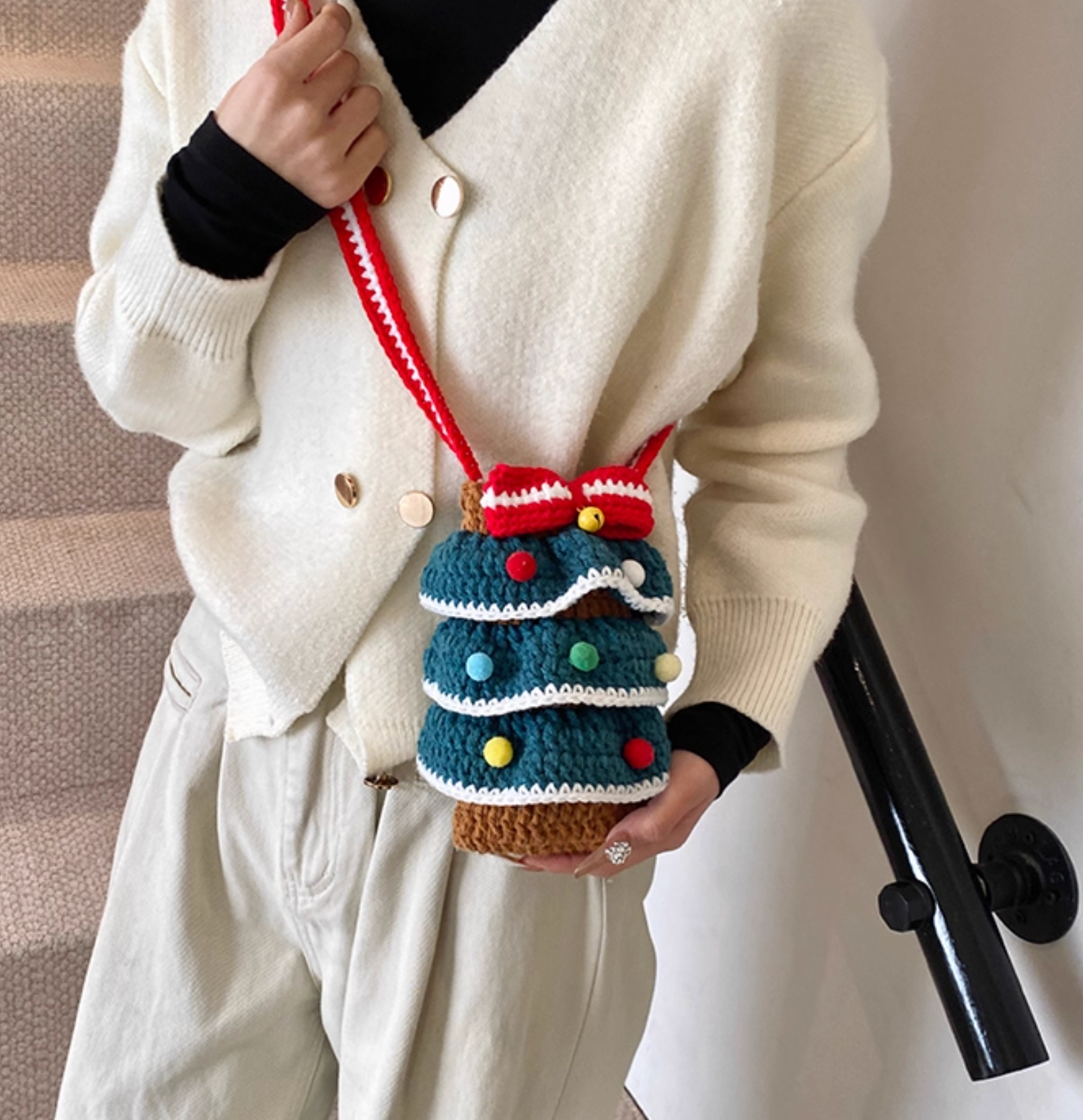 Handmade Crochet Christmas Tree Crossbody Bag | Cute Knitted Winter Purse for Women & Kids