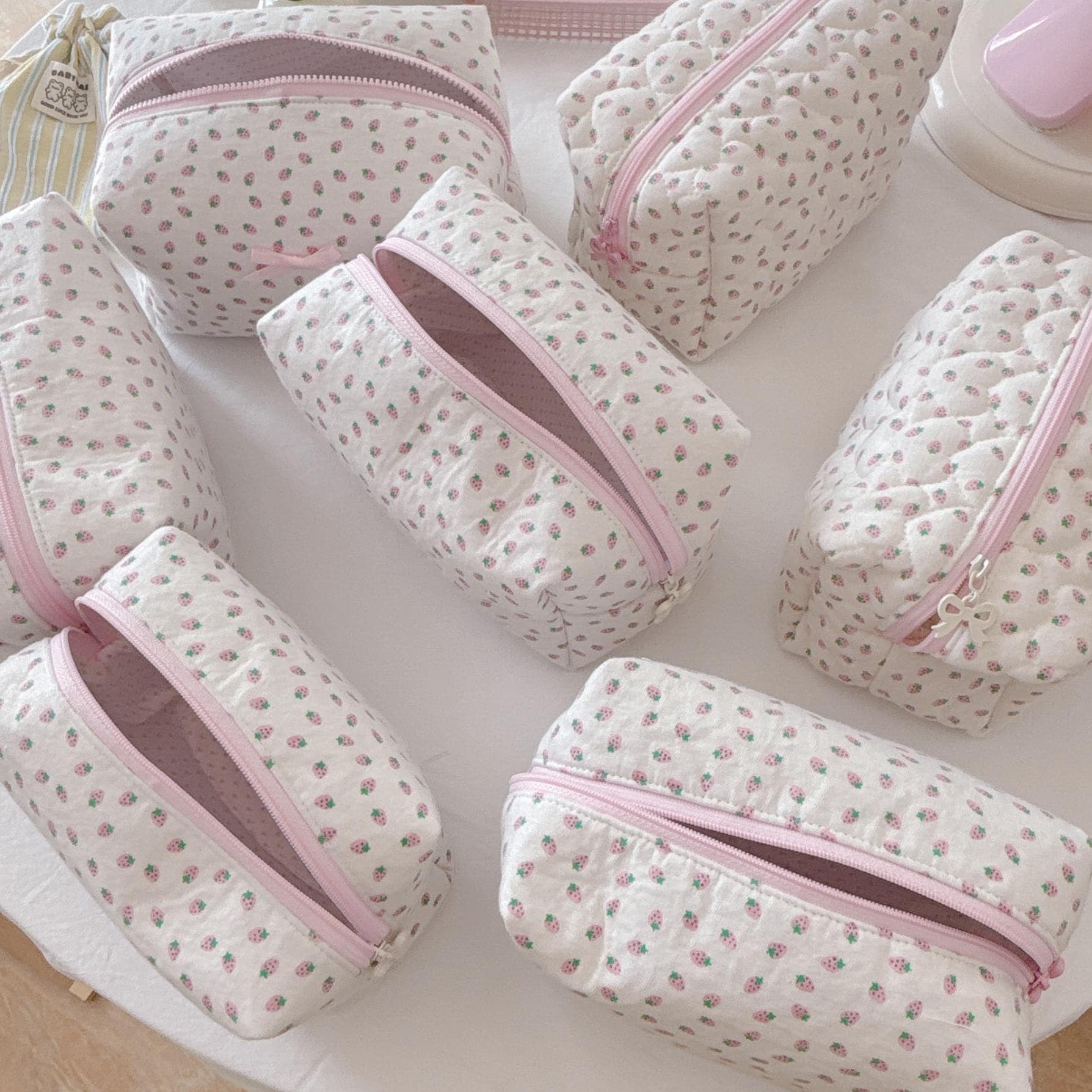 Handmade Korean Style Strawberry Knit Cotton Pouch | Aesthetic Makeup Bag | Cute Travel Organizer