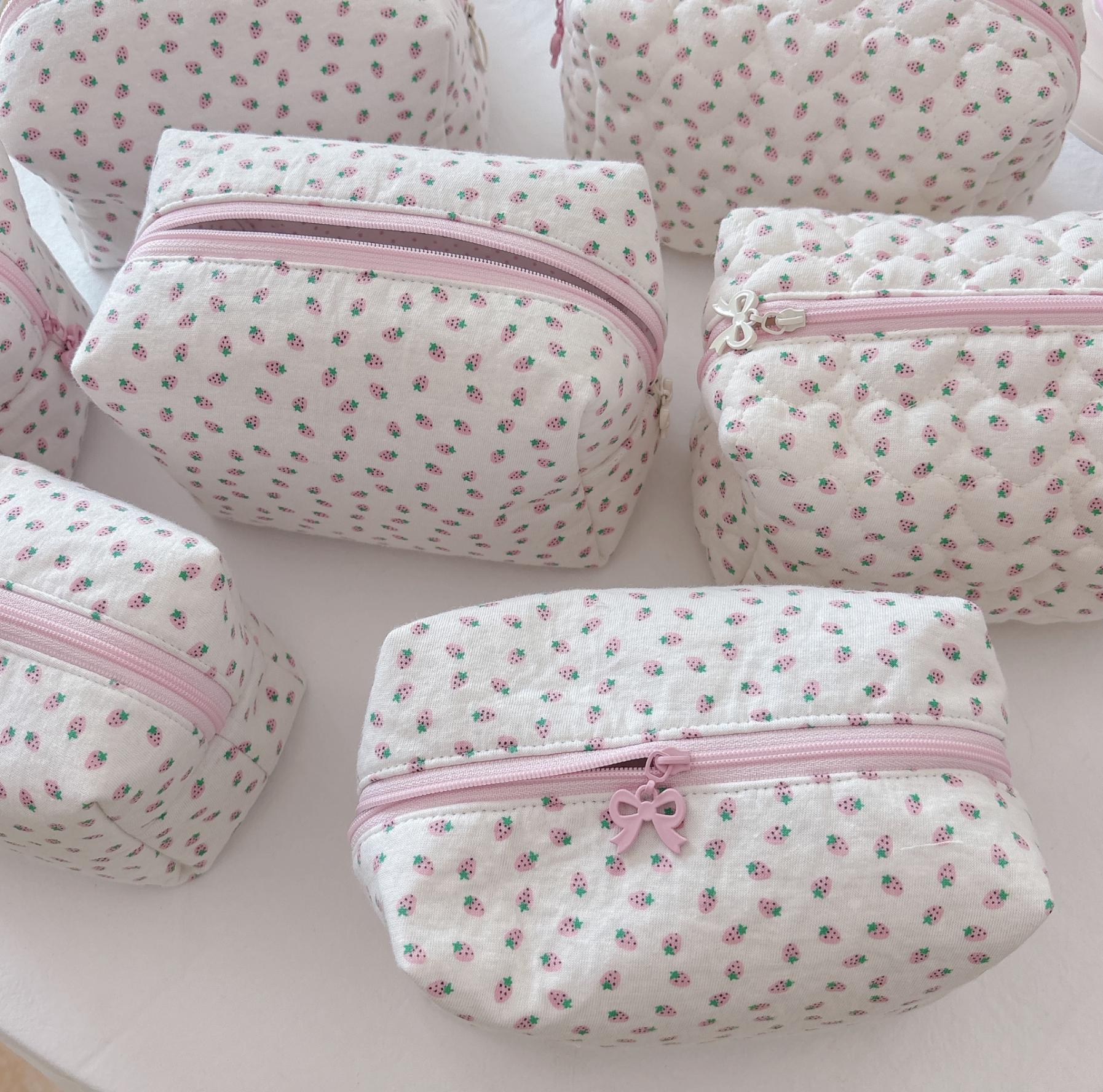 Handmade Korean Style Strawberry Knit Cotton Pouch | Aesthetic Makeup Bag | Cute Travel Organizer