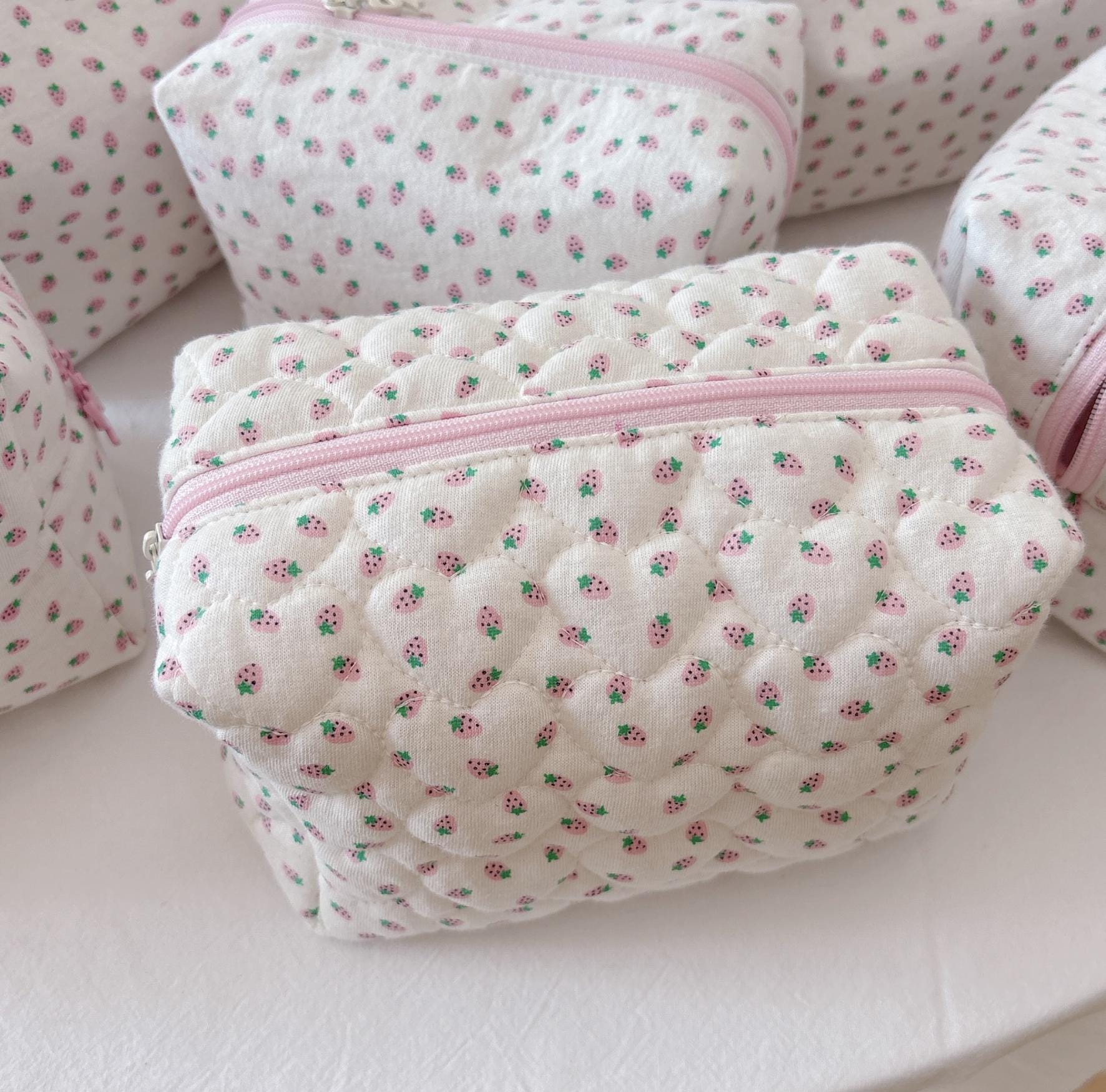 Handmade Korean Style Strawberry Knit Cotton Pouch | Aesthetic Makeup Bag | Cute Travel Organizer